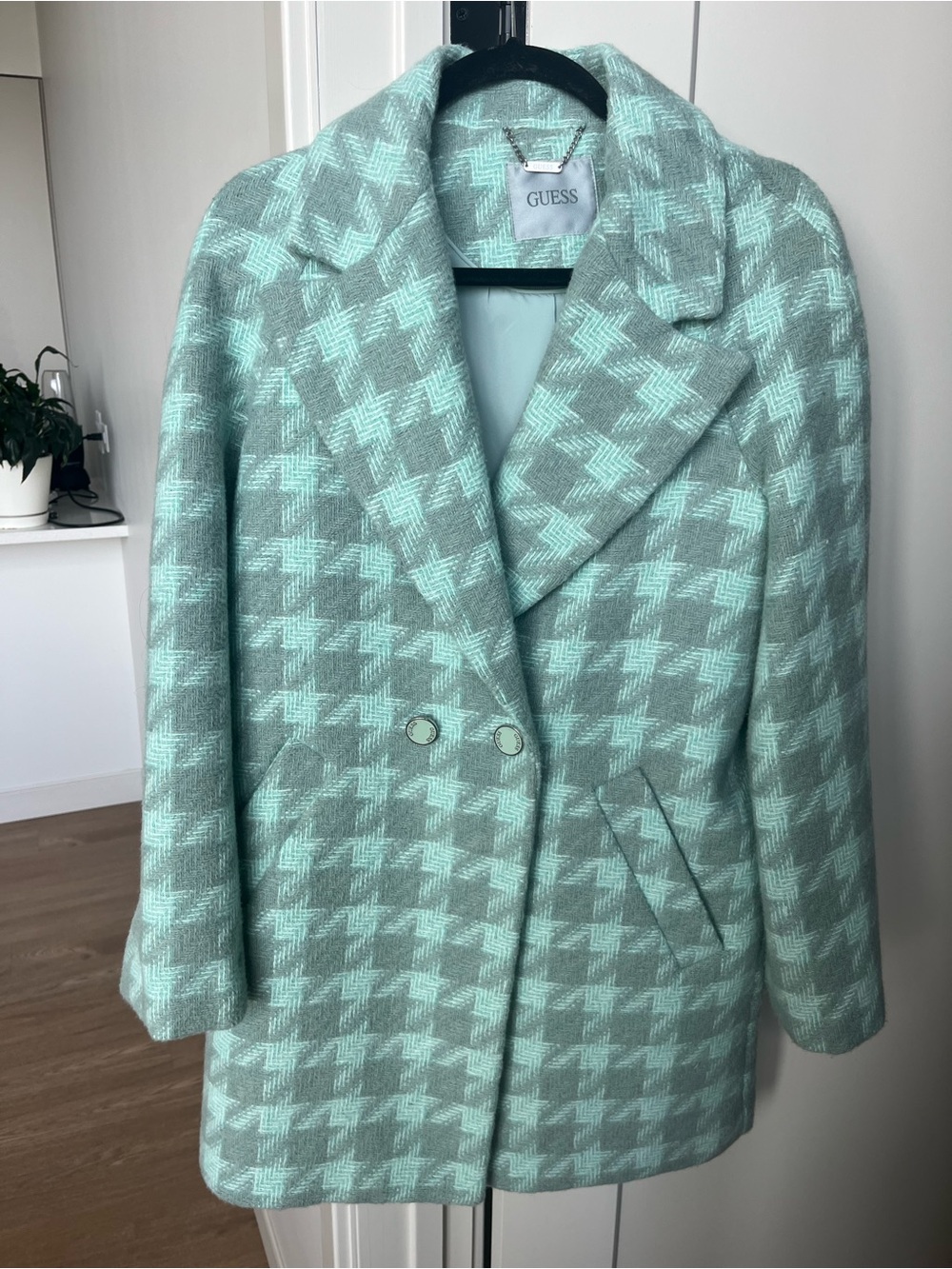GUESS Mint and Light Gray Houndstooth Double-Breasted Pea Coat